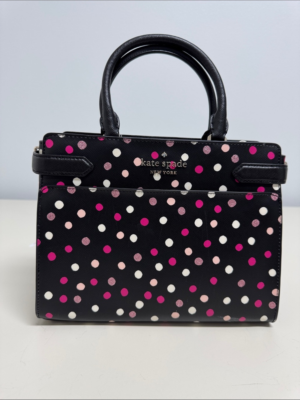 kate spade Black Satchel with Pink & White Polka Dots